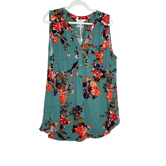 Market & Spruce Prat Sleeveless Green Floral Henley Blouse Rayon Women’s 2X NWOT - Picture 2 of 7